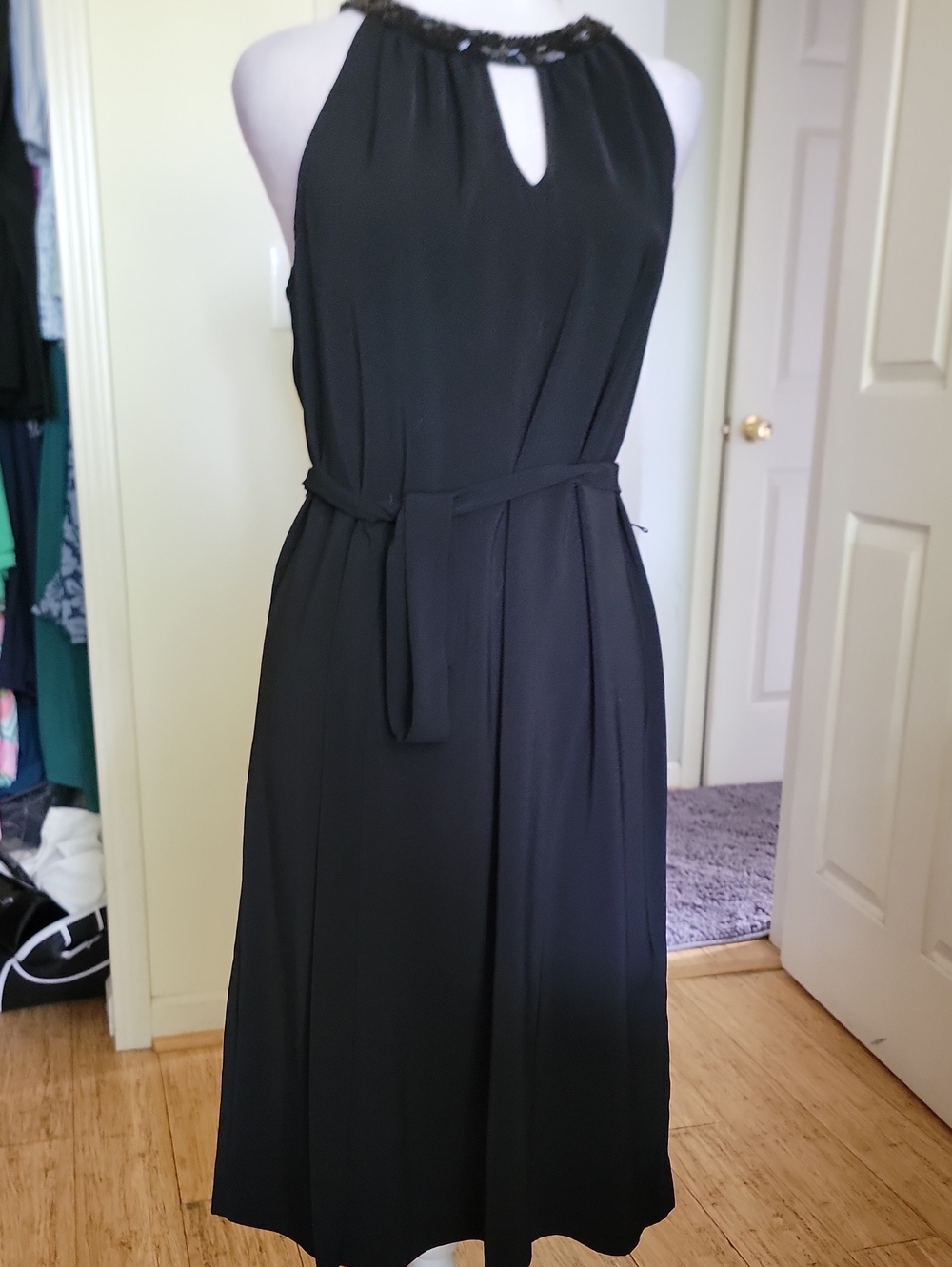 Black Halter Midi Dress with Beaded Neckline